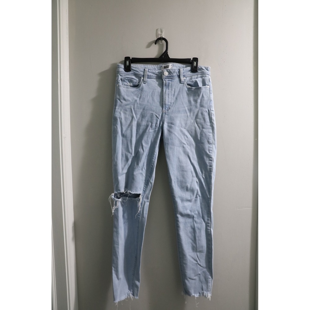 PAIGE Light‎ Wash Distressed Skinny Jeans Size 29 Ripped Knee Raw Hem Blue Denim